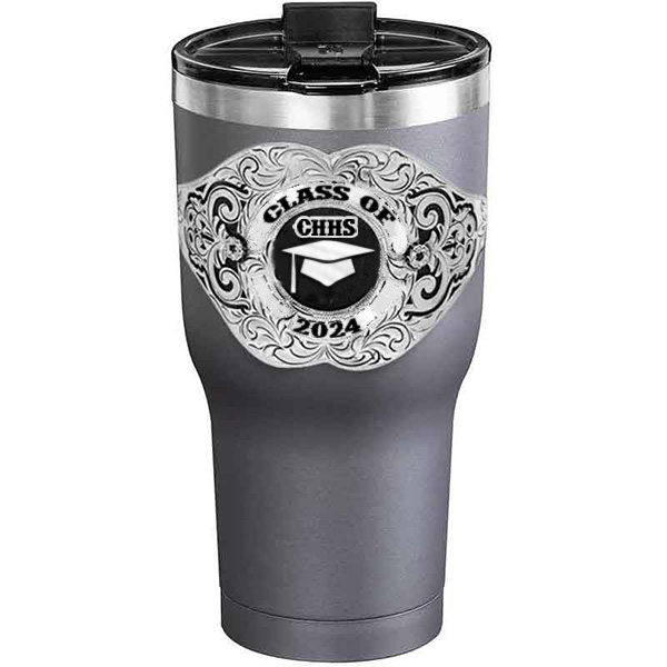 A customized tumbler made of stainless steel with a personalized engraved Class of 2024 lettering with graduate cap figure, 30 oz, ideal for coffee or cool drinks